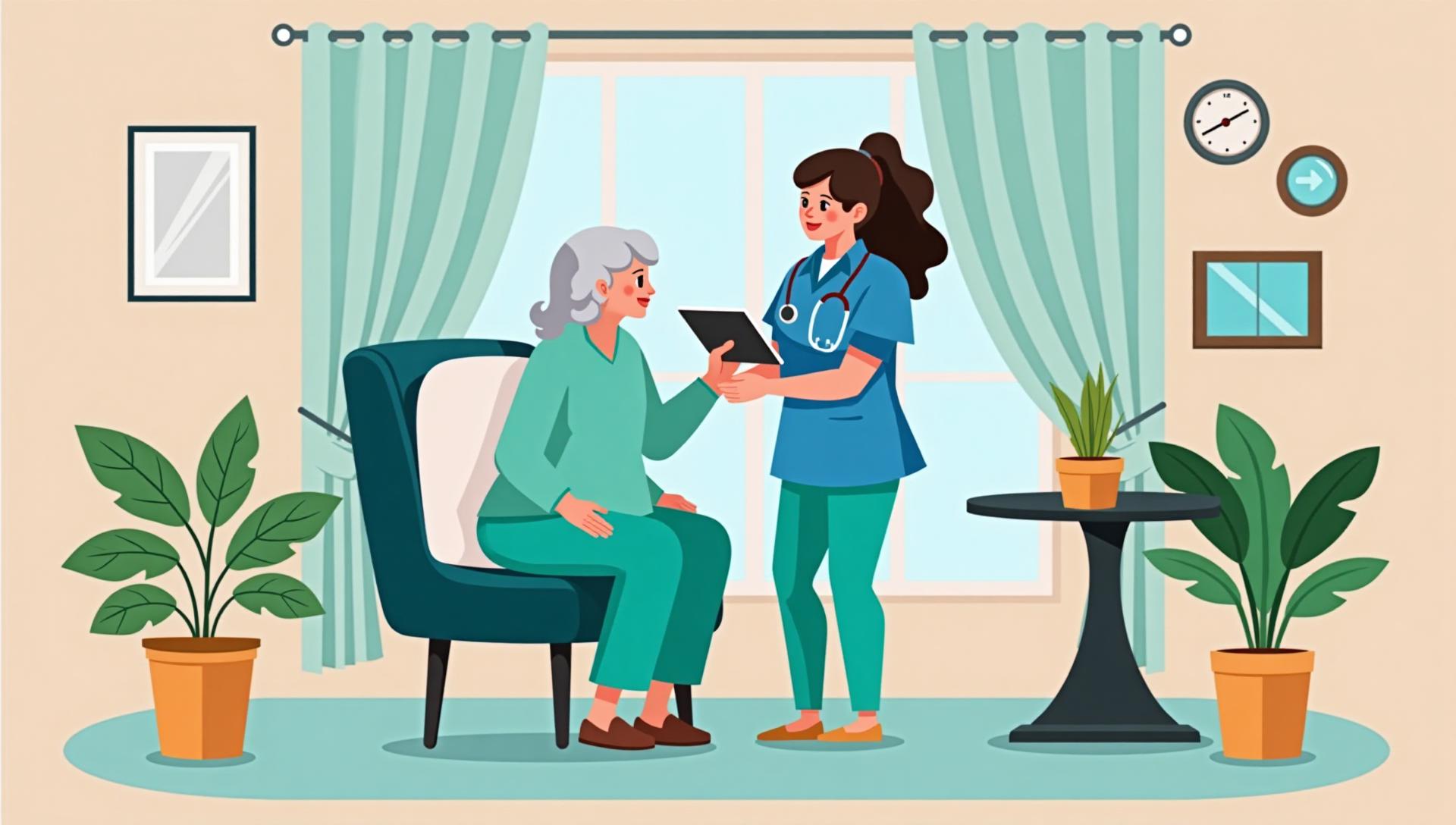 Caregiver helping patient with tablet